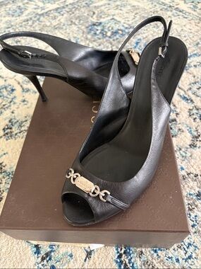 Gucci Black Leather Slingback Heels with Signature Horsebit